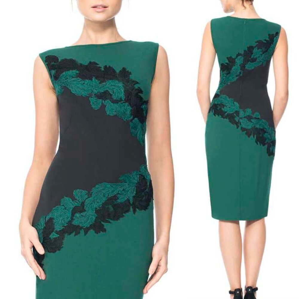 Tadashi Shoji Womens Pipit Sheath Dress Green / Black Embrodered Feathers L